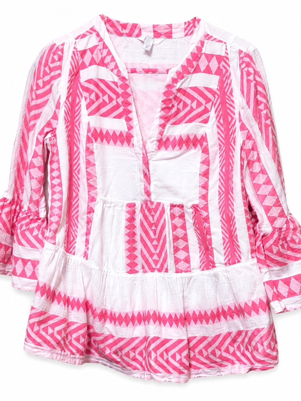 crown & ivy Pink and White Geometric Patchwork Cotton Peplum Peasant Blouse